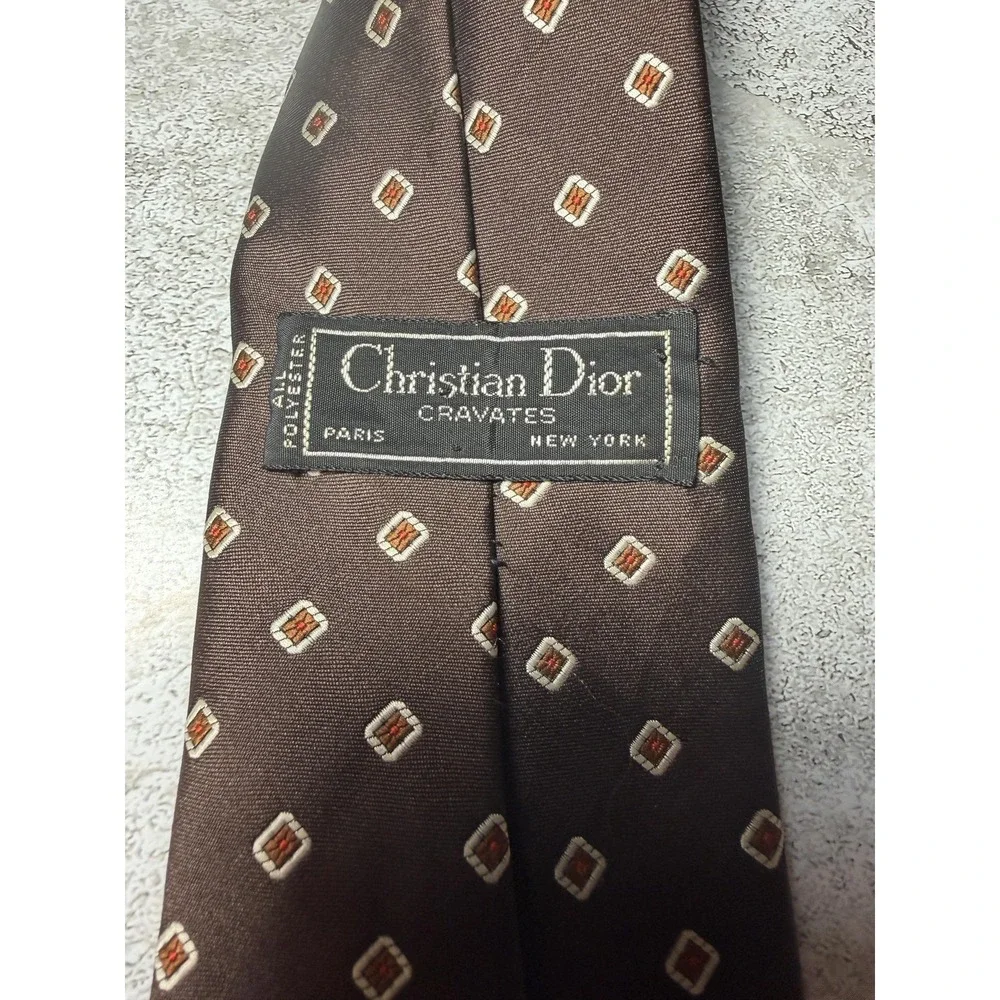 Christian Dior Polyester Satin Tie Mens One Size Brown Geometric Embroidered VTG